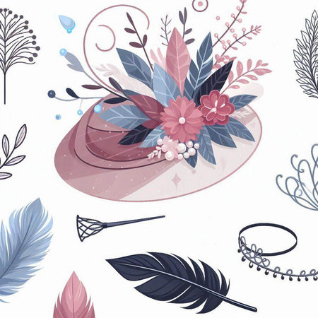 Seamless pattern with hand drawn feathers and flowers. Vector illustration.のイラスト素材