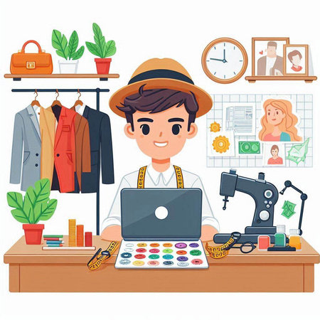 Male fashion designer working at his workplace. Vector illustration in cartoon style.のイラスト素材