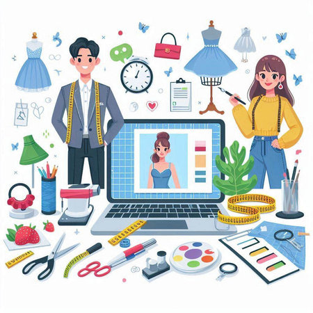 Vector illustration of fashion designer working with laptop on white background. Fashion designer working at her studio.のイラスト素材