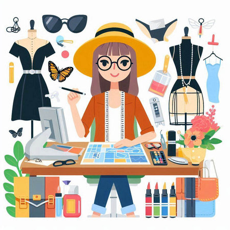 Fashion designer woman working in her studio. Vector illustration in flat styleのイラスト素材