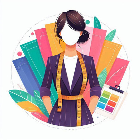 Female fashion designer with face mask and measuring tape. Vector illustration.のイラスト素材
