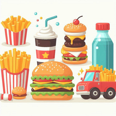 Fast food vector illustration. Hamburger, french fries, soda drink, fast food truck.のイラスト素材