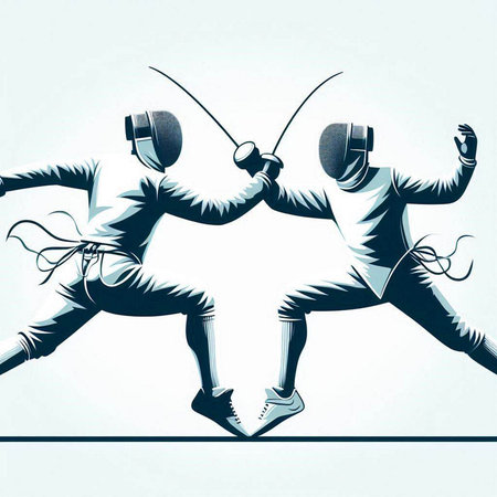 Two men in fencing suits with swords in the hands. Vector illustration.のイラスト素材