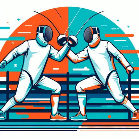 illustration of two fencers fighting in a sports arena, vector illustrationのイラスト素材