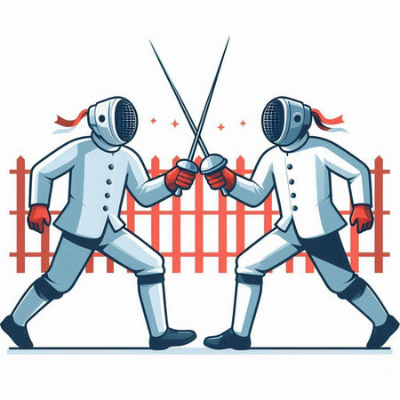 Illustration of two fencers fighting in front of a fence.のイラスト素材