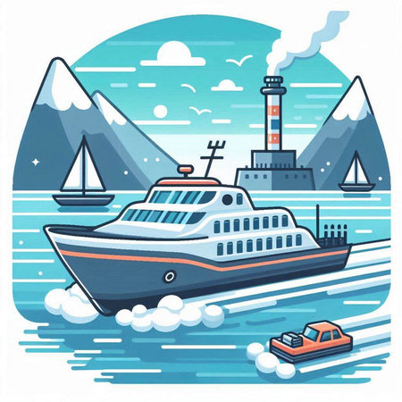 Vector illustration of a cruise ship on the background of the mountains.のイラスト素材