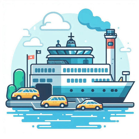 Cruise ship on the road. Vector illustration in flat style.のイラスト素材