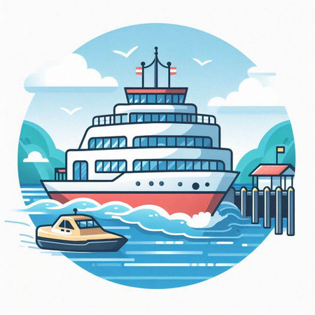 Cruise ship in the sea. Vector illustration. Flat style.のイラスト素材