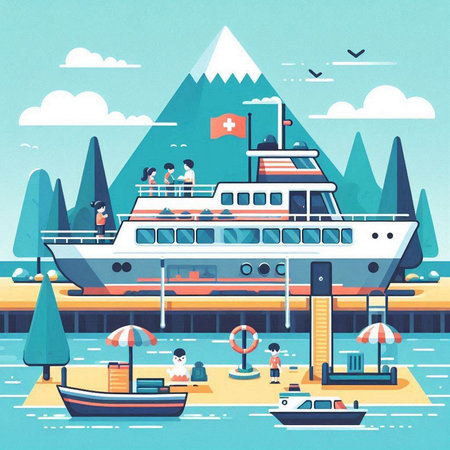 Cruise ship on the sea. Vector illustration in flat style.のイラスト素材
