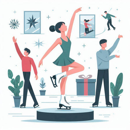 People practicing ice skating on the ice rink. Vector illustration in flat styleのイラスト素材