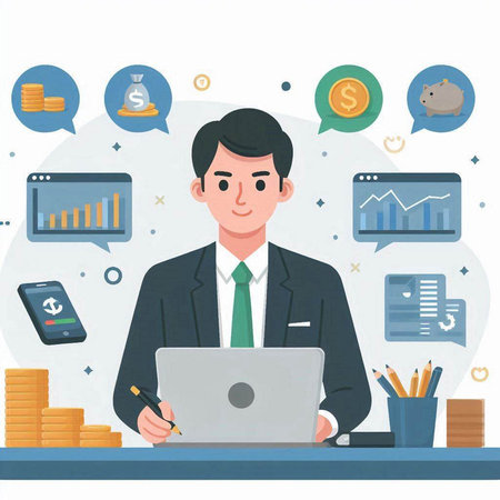 Businessman working with laptop. Vector illustration in a flat style.のイラスト素材