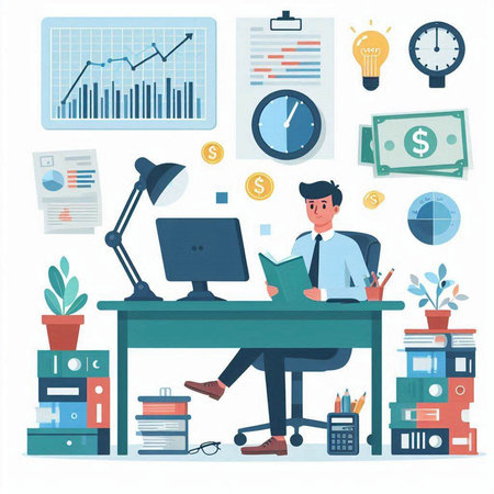 Businessman working at the office desk. Flat design vector illustration.のイラスト素材