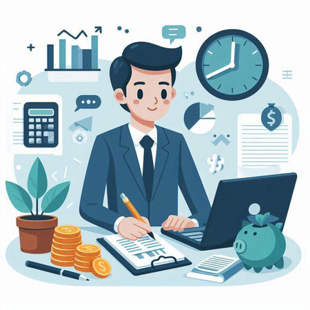 Businessman working at office. Vector illustration in flat cartoon style.のイラスト素材