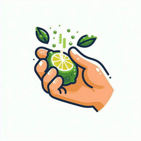 Hand with lime and green leaves. Vector illustration in doodle style.のイラスト素材