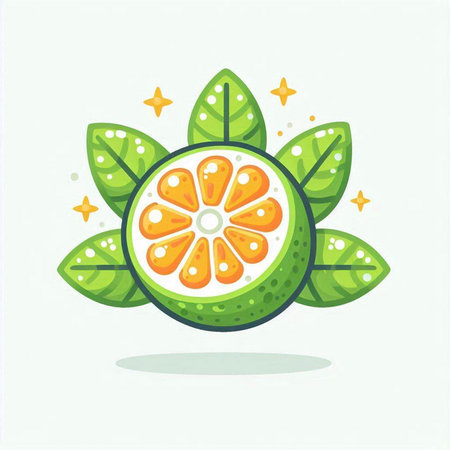 Orange fruit with green leaves and stars isolated on white background. Vector illustrationのイラスト素材