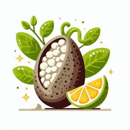 Illustration of a whole and half of a lemon with green leavesのイラスト素材