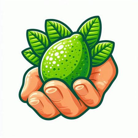 Illustration of a human hand holding a lime with leaves on a white backgroundのイラスト素材