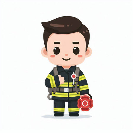 Fireman cartoon character. Vector illustration of a firefighter in uniform.のイラスト素材