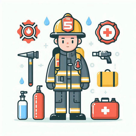 Fireman with fire extinguisher and first aid kit. Vector illustrationのイラスト素材