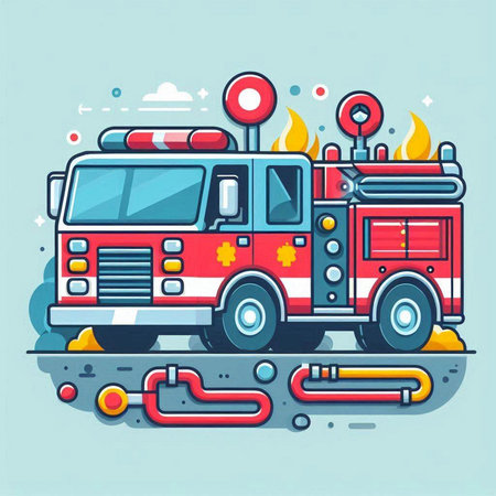 Fire engine. Vector illustration in flat cartoon style. Firefighters.のイラスト素材