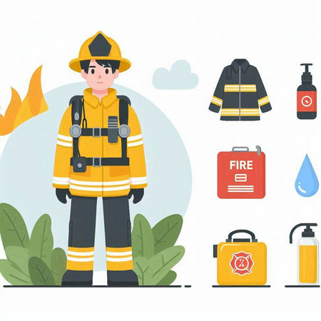 Firefighter in uniform with equipment. Vector illustration in flat style.のイラスト素材