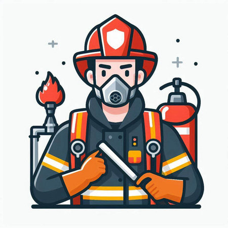 Firefighter with fire extinguisher. Vector illustration in a flat styleのイラスト素材