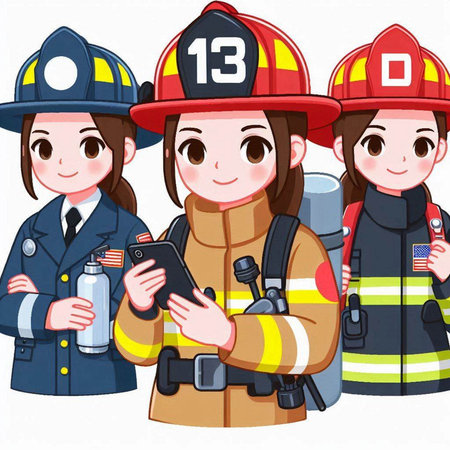 Illustration of a Group of Firefighters Holding a Smartphone and Talkingのイラスト素材