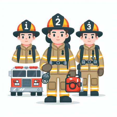 Fireman and fireman team. Vector illustration in cartoon style.のイラスト素材