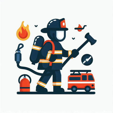 Firefighter with a fire extinguisher. Flat style vector illustration.のイラスト素材