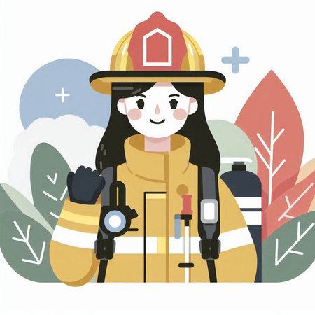 Firefighter woman wearing uniform and helmet. Flat style vector illustration.のイラスト素材