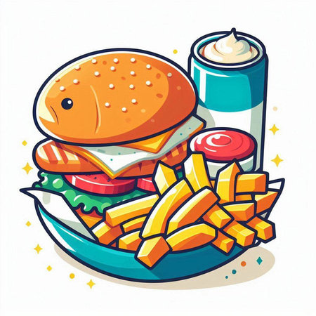 Illustration of a hamburger with french fries and mayonnaiseのイラスト素材