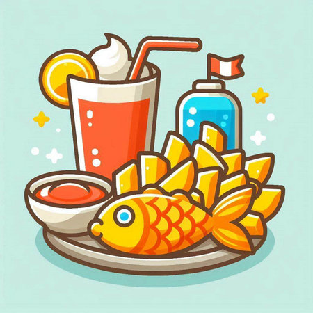 Cocktail with fish and chips. Vector illustration in cartoon style.のイラスト素材