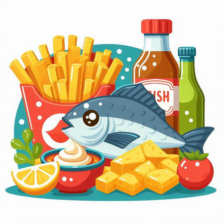 Fish, chips, lemon and sauce. Vector illustration in cartoon styleのイラスト素材