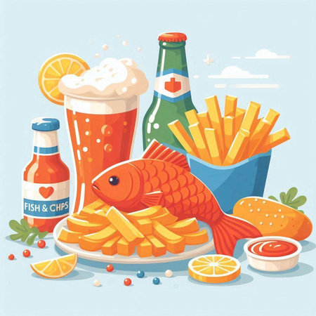 Fried fish and chips with ketchup and mayonnaise. Vector illustrationのイラスト素材