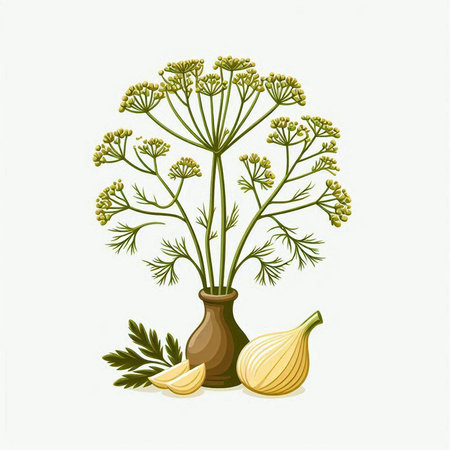 Illustration of dill and garlic in a clay vase.のイラスト素材