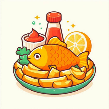Fried fish with ketchupnnaise and lemon. Vector illustration.のイラスト素材