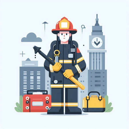 Firefighter with axe and tools on city background. Flat style vector illustration.のイラスト素材