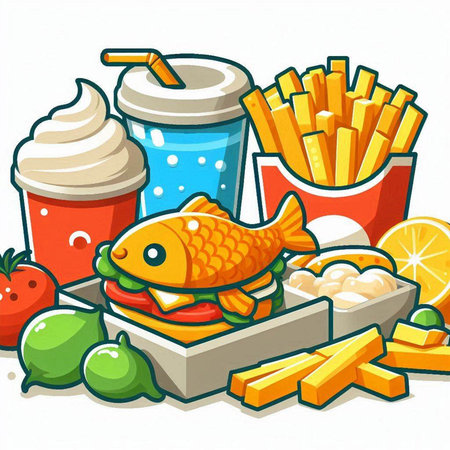 Illustration of a Fast Food Illustration Featuring a Fish, Fries and Soda Drinkのイラスト素材