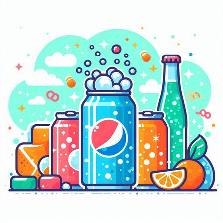 Cans with soda, orange juice and bubbles. Vector illustration.のイラスト素材