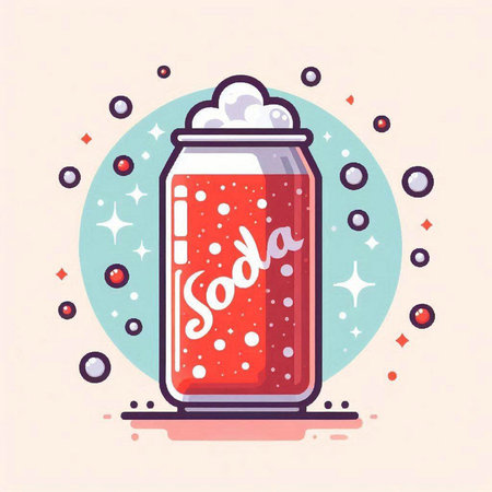 Vector illustration of a can of soda with foam and bubbles on a light background.のイラスト素材