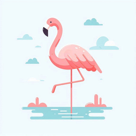 Pink flamingo on the beach. Vector illustration in flat style.のイラスト素材