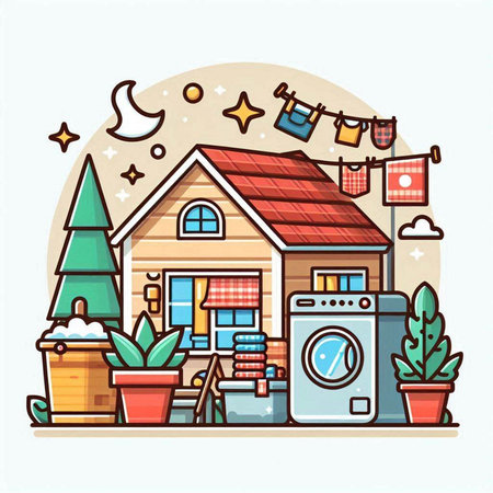House with washing machine, laundry and laundry basket. Vector illustration.のイラスト素材