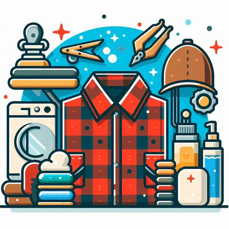Vector illustration of a man in a plaid shirt and accessories.のイラスト素材