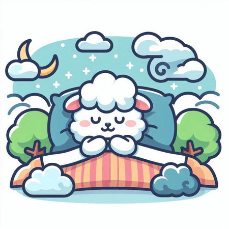 Cute sheep sleeping on a pillow in the forest. Vector illustration.のイラスト素材