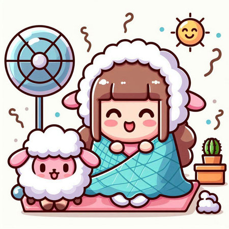 Cute little girl with sheep. Vector illustration in cartoon style.のイラスト素材