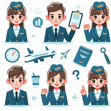 Set of various poses of pilot and stewardess, vector illustrationのイラスト素材