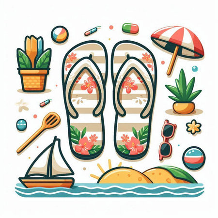 Flip flops and summer icons set. Vector illustration in flat styleのイラスト素材