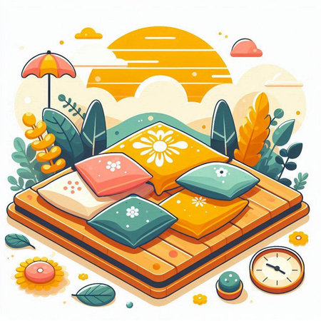 Vector illustration of a bed with pillows on the background of the sunset.のイラスト素材