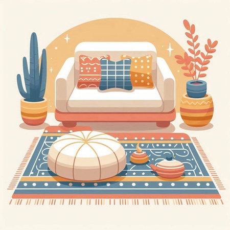 Living room interior. Sofa, cushions, potted plants. Vector illustration.のイラスト素材