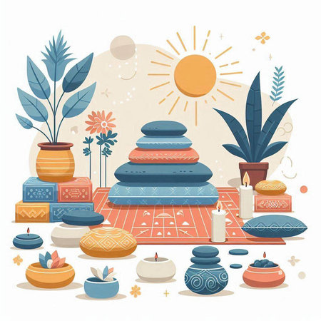 Spa composition with stones and candles. Vector illustration in flat styleのイラスト素材